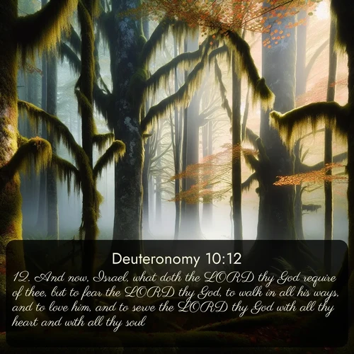 citation biblique : 12. And now, Israel, what doth the LORD thy God require of thee, but to fear the LORD thy God, to walk in all his ways, and to love him, and to serve the LORD thy God with all thy heart and with all thy soul,
 sur fond image nature
