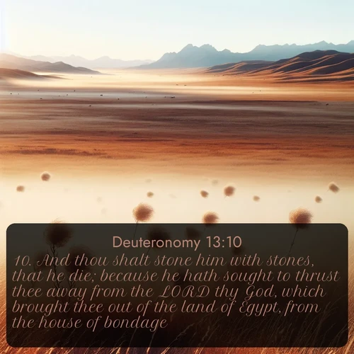 citation biblique : 10. And thou shalt stone him with stones, that he die; because he hath sought to thrust thee away from the LORD thy God, which brought thee out of the land of Egypt, from the house of bondage.
 sur fond image nature