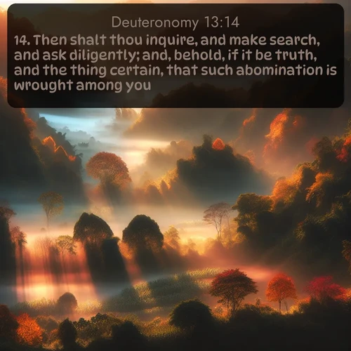 citation biblique : 14. Then shalt thou inquire, and make search, and ask diligently; and, behold, if it be truth, and the thing certain, that such abomination is wrought among you;
 sur fond image nature
