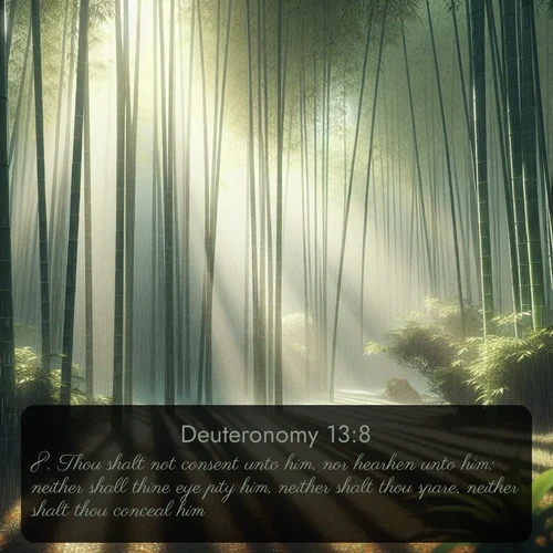 citation biblique : 8. Thou shalt not consent unto him, nor hearken unto him; neither shall thine eye pity him, neither shalt thou spare, neither shalt thou conceal him:
 sur fond image nature