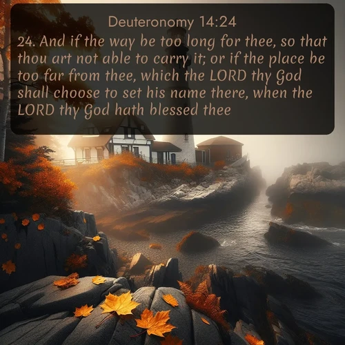 KJV Deuteronomy  ; image nature: image with the bible verse :And if the way be too long for thee, so that thou art not able to carry it; or if the place be too far from thee, which the LORD thy God shall choose to set his name there, when the LORD thy God hath blessed thee: ; Explore our vast collection of images featuring beautifully illustrated Bible verses accompanied by nature photos. Discover inspiring and motivating verses paired with soothing landscapes, like shimmering lakes, majestic mountains, and lush forests. Our images highlight the peaceful beauty of God&#039;s creation with vibrant colors and varied fonts. Download and share verse images like KJV Deuteronomy 14:24. Current verse is overlayed with the thematic nature scene : Autumn fog shrouds a lighthouse on rocky shores. ; 14:24