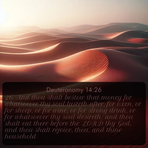 citation biblique : 26. And thou shalt bestow that money for whatsoever thy soul lusteth after, for oxen, or for sheep, or for wine, or for strong drink, or for whatsoever thy soul desireth: and thou shalt eat there before the LORD thy God, and thou shalt rejoice, thou, and thine household,
 sur fond image nature