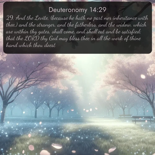 KJV Deuteronomy  ; image nature: image with the bible verse :And the Levite, (because he hath no part nor inheritance with thee,) and the stranger, and the fatherless, and the widow, which are within thy gates, shall come, and shall eat and be satisfied; that the LORD thy God may bless thee in all the work of thine hand which thou doest. ; Admire Bible verse images featuring tranquil rivers, golden fields, and starry heavens. These free-to-download images make inspiring wallpapers or thoughtful gifts. Download KJV Deuteronomy 14:29 now. Current verse is overlayed with the thematic nature scene : Spring rain falls on cherry trees in full bloom, petals drifting like snow. ; 14:29