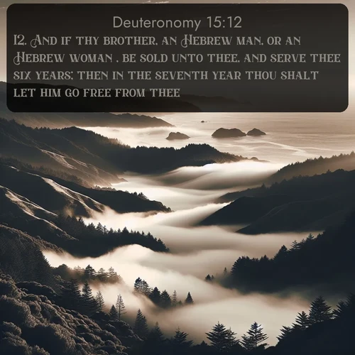 KJV Deuteronomy 15:12 overlaying nature image scene: Coastal fog rolls inland through gaps in seaside hills.;12. And if thy brother, an Hebrew man, or an Hebrew woman , be sold unto thee, and serve thee six years; then in the seventh year thou shalt let him go free from thee.