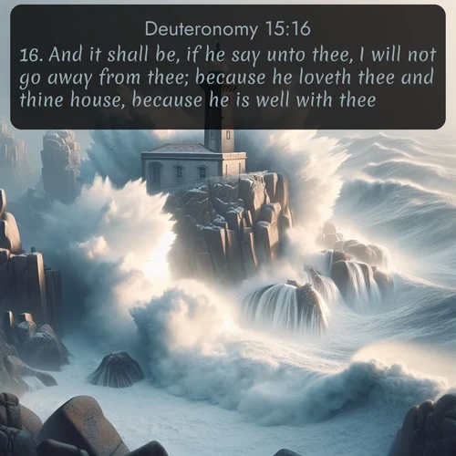 citation biblique : 16. And it shall be, if he say unto thee, I will not go away from thee; because he loveth thee and thine house, because he is well with thee;
 sur fond image nature