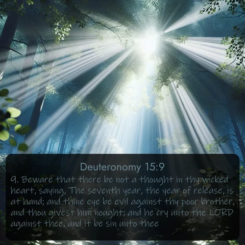 citation biblique : 9. Beware that there be not a thought in thy wicked heart, saying, The seventh year, the year of release, is at hand; and thine eye be evil against thy poor brother, and thou givest him nought; and he cry unto the LORD against thee, and it be sin unto thee.
 sur fond image nature
