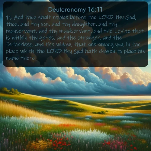 citation biblique : 11. And thou shalt rejoice before the LORD thy God, thou, and thy son, and thy daughter, and thy manservant, and thy maidservant, and the Levite that is within thy gates, and the stranger, and the fatherless, and the widow, that are among you, in the place which the LORD thy God hath chosen to place his name there.
 sur fond image nature