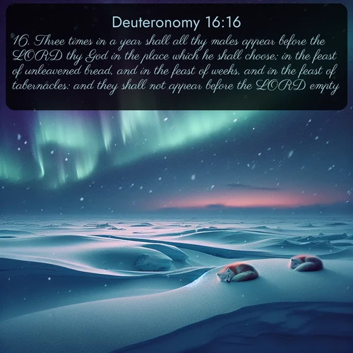 KJV Deuteronomy  ; image nature: image with the bible verse :Three times in a year shall all thy males appear before the LORD thy God in the place which he shall choose; in the feast of unleavened bread, and in the feast of weeks, and in the feast of tabernacles: and they shall not appear before the LORD empty: ; Admire our gallery of Bible verse images showcasing divine beauty in nature—whether snowy peaks or serene oceans. Each image is freely downloadable and perfect for personal or spiritual use. Share verses like KJV Deuteronomy 16:16. Current verse is overlayed with the thematic nature scene : Northern lights dance across the frozen tundra in ribbons of green and purple. Snow falls silently on sleeping arctic foxes. ; 16:16