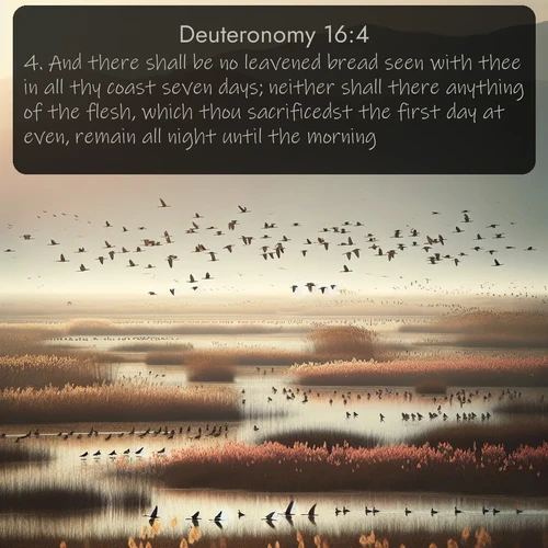 citation biblique : 4. And there shall be no leavened bread seen with thee in all thy coast seven days; neither shall there anything of the flesh, which thou sacrificedst the first day at even, remain all night until the morning.
 sur fond image nature