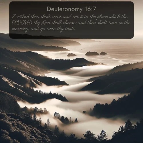 citation biblique : 7. And thou shalt roast and eat it in the place which the LORD thy God shall choose: and thou shalt turn in the morning, and go unto thy tents.
 sur fond image nature