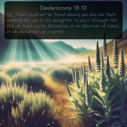 citation biblique : 10. There shall not be found among you any one that maketh his son or his daughter to pass through the fire, or that useth divination, or an observer of times, or an enchanter, or a witch,
 sur fond image nature