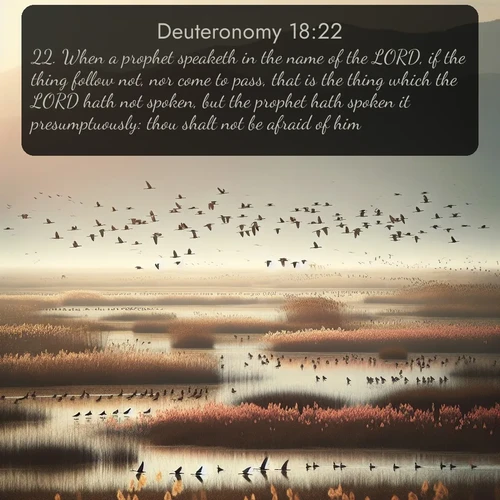 KJV Deuteronomy  ; image nature: image with the bible verse :When a prophet speaketh in the name of the LORD, if the thing follow not, nor come to pass, that is the thing which the LORD hath not spoken, but the prophet hath spoken it presumptuously: thou shalt not be afraid of him. ; Admire Bible images representing autumn, with swirling leaves, misty skies, and vibrant trees. These images inspire profound spiritual reflection. Download and share verses like KJV Deuteronomy 18:22. Current verse is overlayed with the thematic nature scene : Spring migration fills marshlands with calling birds. ; 18:22