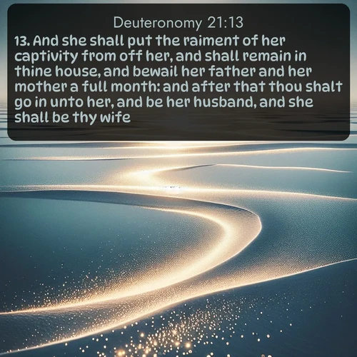 KJV Deuteronomy  ; image nature: image with the bible verse :And she shall put the raiment of her captivity from off her, and shall remain in thine house, and bewail her father and her mother a full month: and after that thou shalt go in unto her, and be her husband, and she shall be thy wife. ; Browse a large collection of Bible verse images with photos showcasing the splendor of nature. Scenes of peaceful rivers, verdant valleys, and radiant skies enhance the inspiring verses. Each image reflects the serenity and joy of God&#039;s creation, with elegant text fonts. Download and share verses such as KJV Deuteronomy 21:13. Current verse is overlayed with the thematic nature scene : Summer heat waves ripple above salt flats stretching to the horizon. ; 21:13