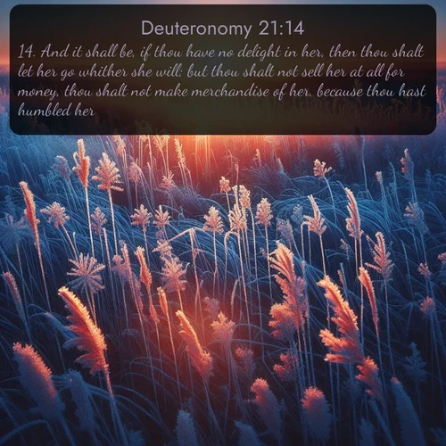 KJV Deuteronomy  ; image nature: image with the bible verse :And it shall be, if thou have no delight in her, then thou shalt let her go whither she will; but thou shalt not sell her at all for money, thou shalt not make merchandise of her, because thou hast humbled her. ; Admire Bible verse images illustrated by desert scenes, such as sunsets over dunes, majestic rocks, and solitary cacti. These images capture the majesty of God in arid places. Download and share verses like KJV Deuteronomy 21:14. Current verse is overlayed with the thematic nature scene : Winter sunrise illuminates frost-covered prairie grass. ; 21:14