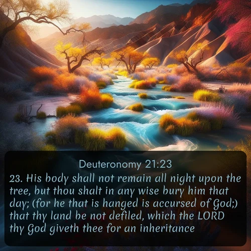 citation biblique : 23. His body shall not remain all night upon the tree, but thou shalt in any wise bury him that day; (for he that is hanged is accursed of God;) that thy land be not defiled, which the LORD thy God giveth thee for an inheritance.
 sur fond image nature