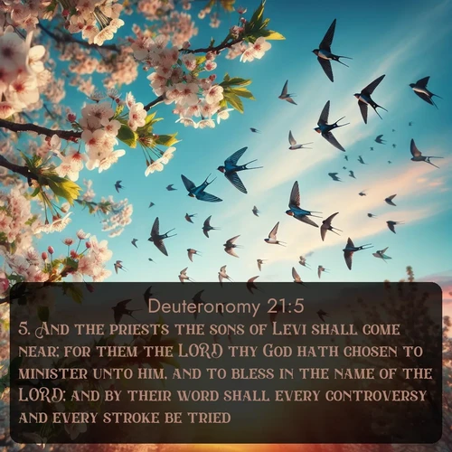 citation biblique : 5. And the priests the sons of Levi shall come near; for them the LORD thy God hath chosen to minister unto him, and to bless in the name of the LORD; and by their word shall every controversy and every stroke be tried:
 sur fond image nature