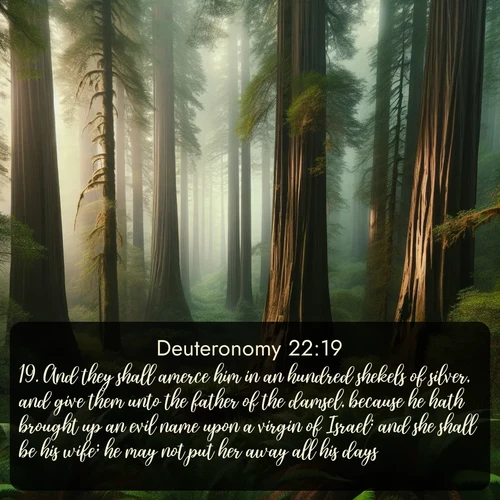 citation biblique : 19. And they shall amerce him in an hundred shekels of silver, and give them unto the father of the damsel, because he hath brought up an evil name upon a virgin of Israel: and she shall be his wife; he may not put her away all his days.
 sur fond image nature