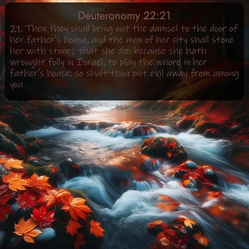 citation biblique : 21. Then they shall bring out the damsel to the door of her father&#039;s house, and the men of her city shall stone her with stones that she die: because she hath wrought folly in Israel, to play the whore in her father&#039;s house: so shalt thou put evil away from among you.
 sur fond image nature
