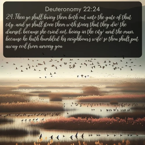 KJV Deuteronomy  ; image nature: image with the bible verse :Then ye shall bring them both out unto the gate of that city, and ye shall stone them with stones that they die; the damsel, because she cried not, being in the city; and the man, because he hath humbled his neighbour&#039;s wife: so thou shalt put away evil from among you. ; Admire Bible verse images illustrated by summer photos, such as sunny beaches, sparkling waves, and swaying palm trees. These bright scenes highlight the joy and warmth of God&#039;s creation. Download and share verses like KJV Deuteronomy 22:24. Current verse is overlayed with the thematic nature scene : Spring migration fills marshlands with calling birds. ; 22:24