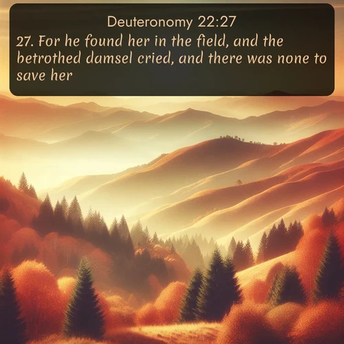 KJV Deuteronomy  ; image nature: image with the bible verse :For he found her in the field, and the betrothed damsel cried, and there was none to save her. ; Admire stunning Bible verse images paired with photos of peaceful landscapes, such as foggy mornings, serene rivers, and blooming gardens. Download these free images and share verses like KJV Deuteronomy 22:27. Current verse is overlayed with the thematic nature scene : Autumn colors paint hillsides in warm earth tones. ; 22:27