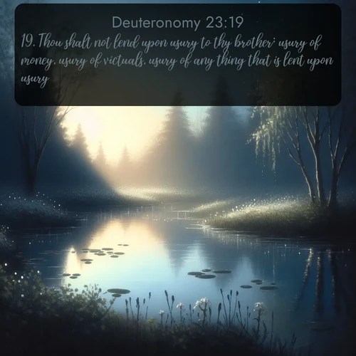 citation biblique : 19. Thou shalt not lend upon usury to thy brother; usury of money, usury of victuals, usury of any thing that is lent upon usury:
 sur fond image nature