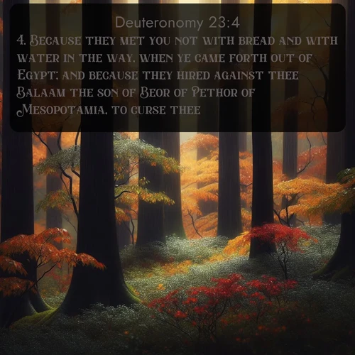 citation biblique : 4. Because they met you not with bread and with water in the way, when ye came forth out of Egypt; and because they hired against thee Balaam the son of Beor of Pethor of Mesopotamia, to curse thee.
 sur fond image nature