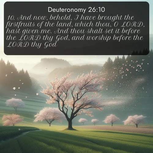 citation biblique : 10. And now, behold, I have brought the firstfruits of the land, which thou, O LORD, hast given me. And thou shalt set it before the LORD thy God, and worship before the LORD thy God:
 sur fond image nature