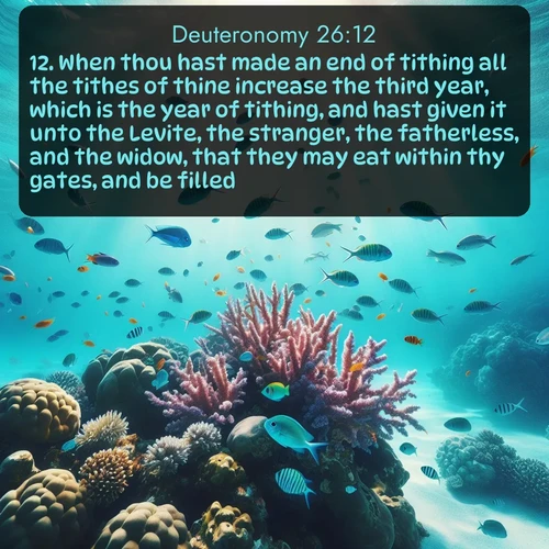KJV Deuteronomy  ; image nature: image with the bible verse :When thou hast made an end of tithing all the tithes of thine increase the third year, which is the year of tithing, and hast given it unto the Levite, the stranger, the fatherless, and the widow, that they may eat within thy gates, and be filled; ; Dive into a gallery of Bible verses illustrated by tropical beach scenes, featuring sparkling waves, seashells, and radiant sunrises. These images evoke divine peace and joy. Download and share inspiring verses like KJV Deuteronomy 26:12. Current verse is overlayed with the thematic nature scene : Tropical fish dart through coral reefs in crystal-clear waters. ; 26:12