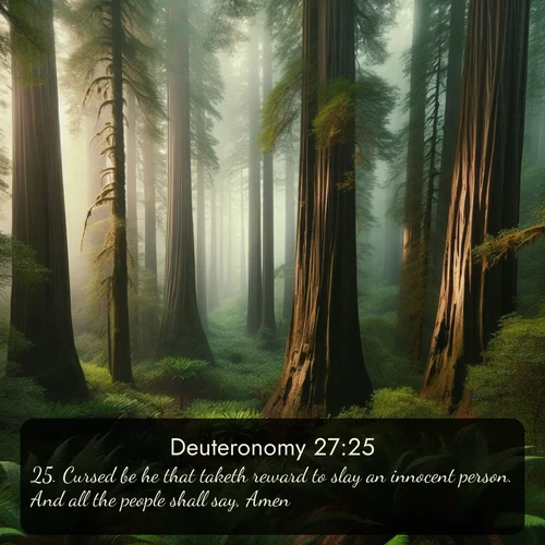 KJV Deuteronomy 27:25 overlaying nature image scene: Coastal redwoods disappear into the fog high above a fern grove.;25. Cursed be he that taketh reward to slay an innocent person. And all the people shall say, Amen.