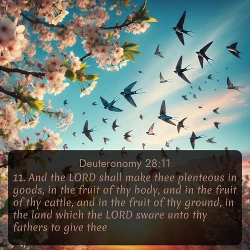 citation biblique : 11. And the LORD shall make thee plenteous in goods, in the fruit of thy body, and in the fruit of thy cattle, and in the fruit of thy ground, in the land which the LORD sware unto thy fathers to give thee.
 sur fond image nature