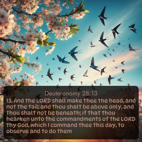 citation biblique : 13. And the LORD shall make thee the head, and not the tail; and thou shalt be above only, and thou shalt not be beneath; if that thou hearken unto the commandments of the LORD thy God, which I command thee this day, to observe and to do them:
 sur fond image nature