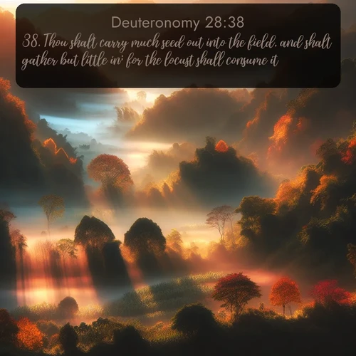 citation biblique : 38. Thou shalt carry much seed out into the field, and shalt gather but little in; for the locust shall consume it.
 sur fond image nature