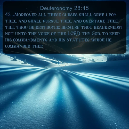 KJV Deuteronomy  ; image nature: image with the bible verse :Moreover all these curses shall come upon thee, and shall pursue thee, and overtake thee, till thou be destroyed; because thou hearkenedst not unto the voice of the LORD thy God, to keep his commandments and his statutes which he commanded thee: ; Explore Bible verses combined with serene beach photos, desert dunes, and infinite skies, highlighting God&#039;s majesty in every landscape. Download and share inspiring verses like KJV Deuteronomy 28:45. Current verse is overlayed with the thematic nature scene : Moonlight illuminates the snowy mountain peaks, casting blue shadows across untouched powder. ; 28:45