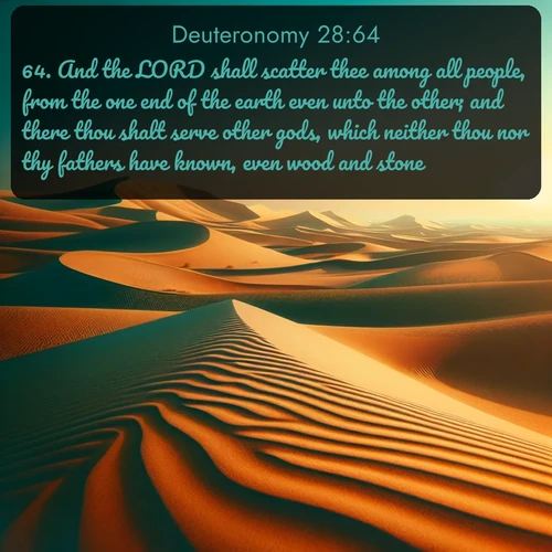 citation biblique : 64. And the LORD shall scatter thee among all people, from the one end of the earth even unto the other; and there thou shalt serve other gods, which neither thou nor thy fathers have known, even wood and stone.
 sur fond image nature