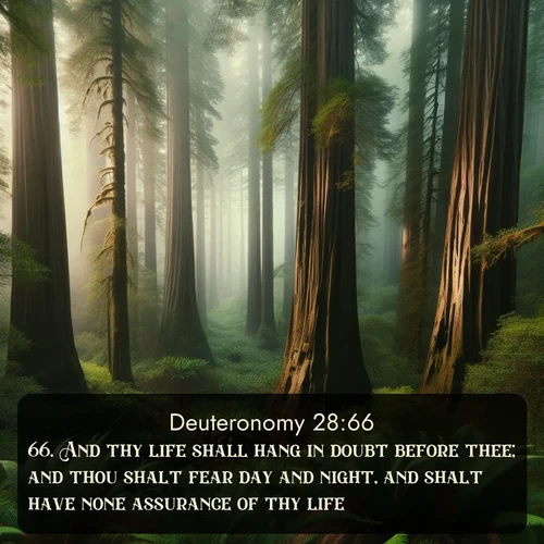 citation biblique : 66. And thy life shall hang in doubt before thee; and thou shalt fear day and night, and shalt have none assurance of thy life:
 sur fond image nature