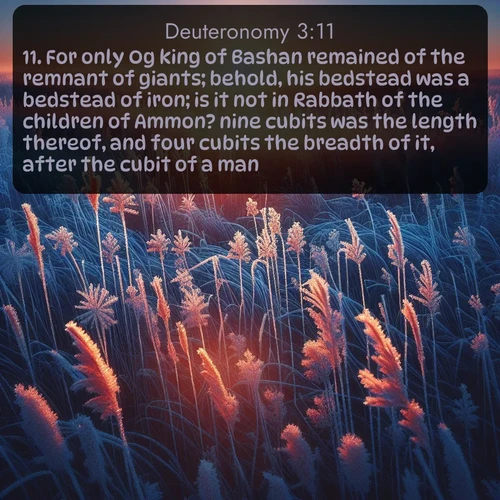 KJV Deuteronomy  ; image nature: image with the bible verse :For only Og king of Bashan remained of the remnant of giants; behold, his bedstead was a bedstead of iron; is it not in Rabbath of the children of Ammon? nine cubits was the length thereof, and four cubits the breadth of it, after the cubit of a man. ; Admire Bible images representing autumn, with swirling leaves, misty skies, and vibrant trees. These images inspire profound spiritual reflection. Download and share verses like KJV Deuteronomy 3:11. Current verse is overlayed with the thematic nature scene : Winter sunrise illuminates frost-covered prairie grass. ; 3:11