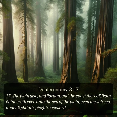 KJV Deuteronomy  ; image nature: image with the bible verse :The plain also, and Jordan, and the coast thereof, from Chinnereth even unto the sea of the plain, even the salt sea, under Ashdoth-pisgah eastward. ; Discover Bible images illustrated by desert landscapes, like sand dunes, majestic rocks, and starry skies. These images symbolize the grandeur and immensity of God&#039;s creation. Download verses like KJV Deuteronomy 3:17. Current verse is overlayed with the thematic nature scene : Coastal redwoods disappear into the fog high above a fern grove. ; 3:17