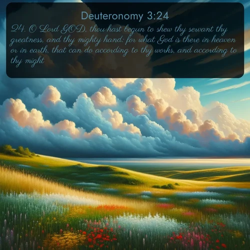 citation biblique : 24. O Lord GOD, thou hast begun to shew thy servant thy greatness, and thy mighty hand: for what God is there in heaven or in earth, that can do according to thy works, and according to thy might?
 sur fond image nature