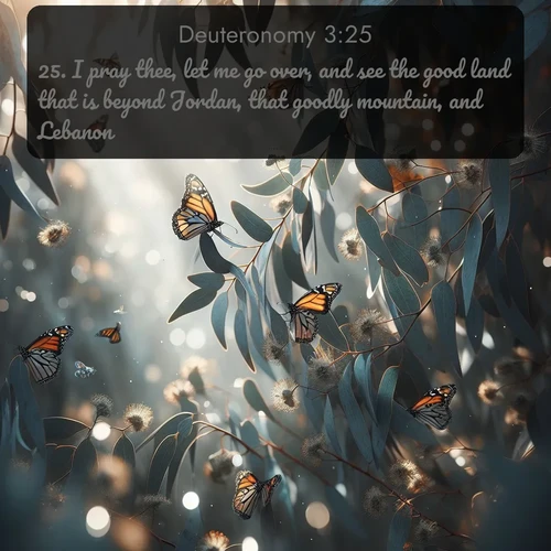 citation biblique : 25. I pray thee, let me go over, and see the good land that is beyond Jordan, that goodly mountain, and Lebanon.
 sur fond image nature