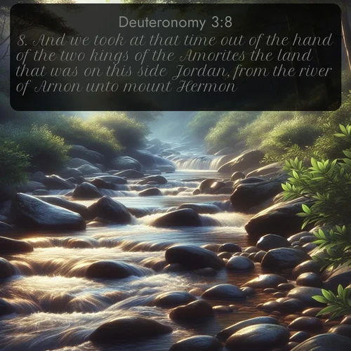 citation biblique : 8. And we took at that time out of the hand of the two kings of the Amorites the land that was on this side Jordan, from the river of Arnon unto mount Hermon;
 sur fond image nature