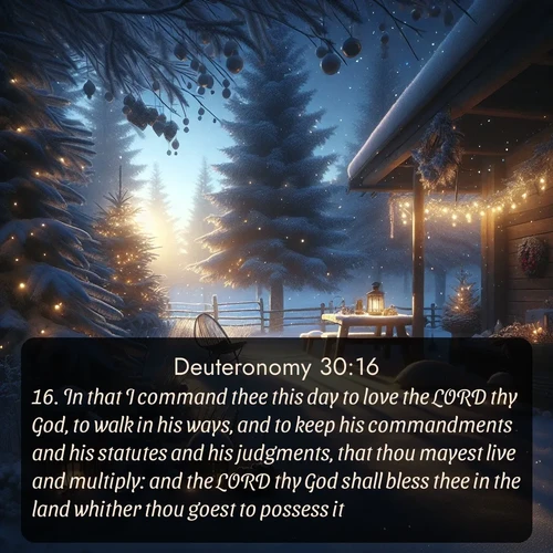 citation biblique : 16. In that I command thee this day to love the LORD thy God, to walk in his ways, and to keep his commandments and his statutes and his judgments, that thou mayest live and multiply: and the LORD thy God shall bless thee in the land whither thou goest to possess it.
 sur fond image nature