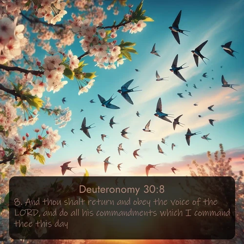 citation biblique : 8. And thou shalt return and obey the voice of the LORD, and do all his commandments which I command thee this day.
 sur fond image nature