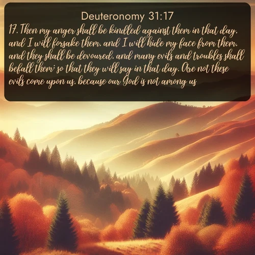 citation biblique : 17. Then my anger shall be kindled against them in that day, and I will forsake them, and I will hide my face from them, and they shall be devoured, and many evils and troubles shall befall them; so that they will say in that day. Are not these evils come upon us, because our God is not among us?
 sur fond image nature
