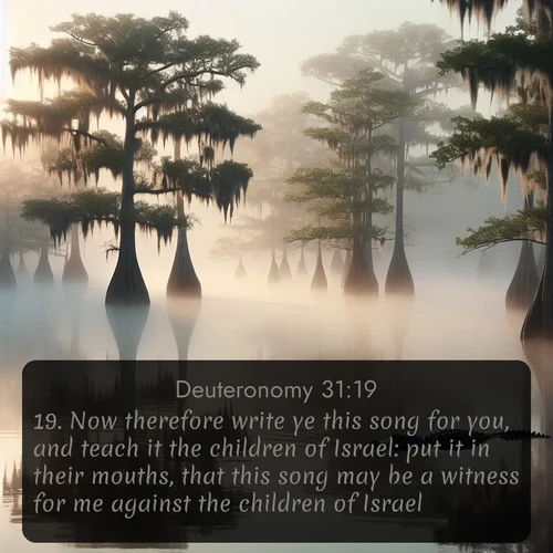 citation biblique : 19. Now therefore write ye this song for you, and teach it the children of Israel: put it in their mouths, that this song may be a witness for me against the children of Israel.
 sur fond image nature