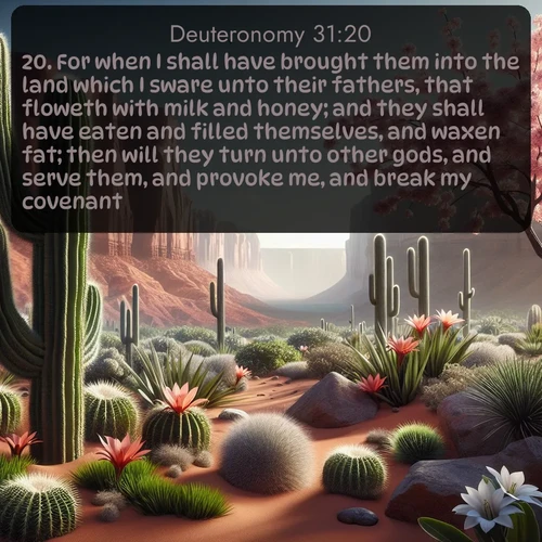 citation biblique : 20. For when I shall have brought them into the land which I sware unto their fathers, that floweth with milk and honey; and they shall have eaten and filled themselves, and waxen fat; then will they turn unto other gods, and serve them, and provoke me, and break my covenant.
 sur fond image nature