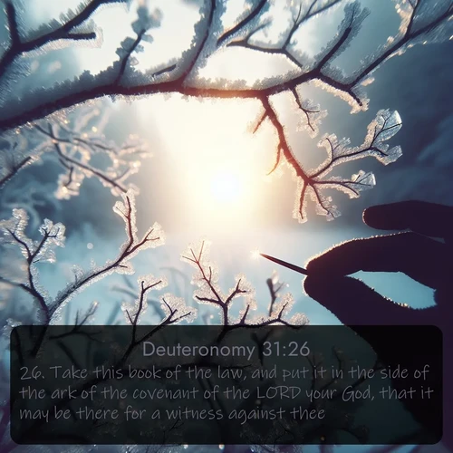 citation biblique : 26. Take this book of the law, and put it in the side of the ark of the covenant of the LORD your God, that it may be there for a witness against thee.
 sur fond image nature