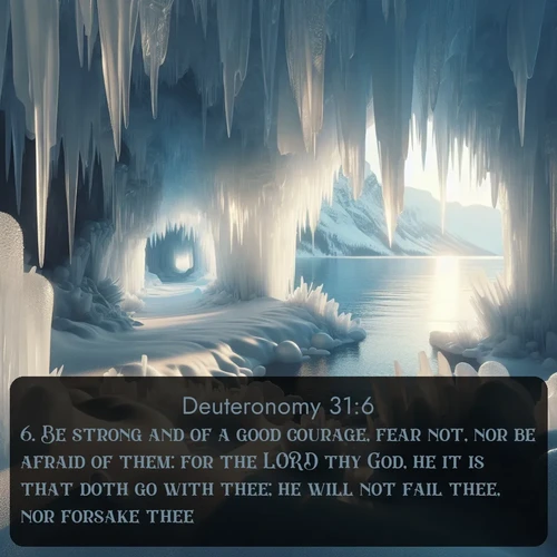 citation biblique : 6. Be strong and of a good courage, fear not, nor be afraid of them: for the LORD thy God, he it is that doth go with thee; he will not fail thee, nor forsake thee.
 sur fond image nature