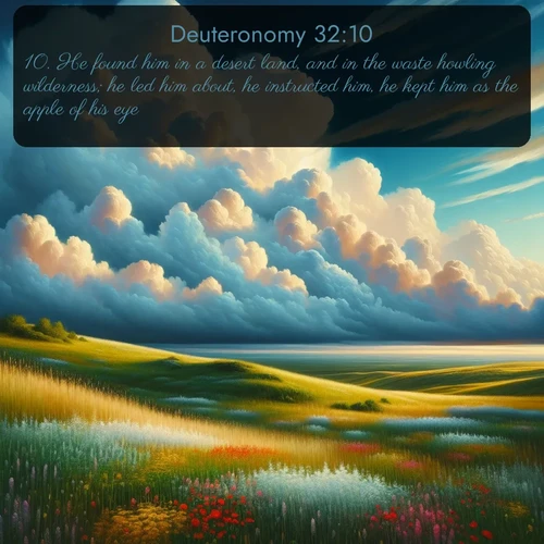 citation biblique : 10. He found him in a desert land, and in the waste howling wilderness; he led him about, he instructed him, he kept him as the apple of his eye.
 sur fond image nature