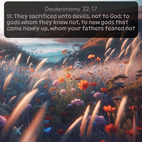 citation biblique : 17. They sacrificed unto devils, not to God; to gods whom they knew not, to new gods that came newly up, whom your fathers feared not.
 sur fond image nature