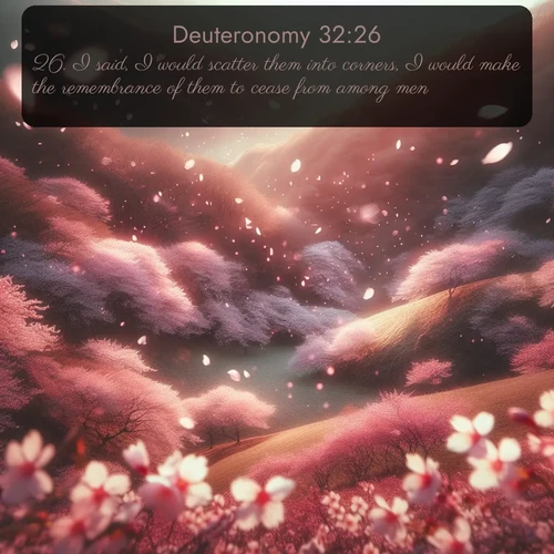 KJV Deuteronomy  ; image nature: image with the bible verse :I said, I would scatter them into corners, I would make the remembrance of them to cease from among men: ; Explore a spring collection of Bible images, with landscapes of green hills, wildflowers, and crystal-clear streams. These images symbolize the blossoming of God&#039;s creation. Download verses like KJV Deuteronomy 32:26. Current verse is overlayed with the thematic nature scene : Cherry blossoms blanket the hillside in soft pink snow, swirling through the air like nature&#039;s confetti. ; 32:26